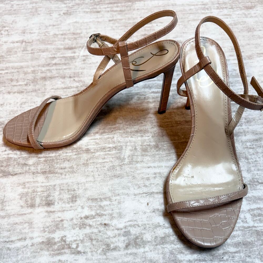 Sam Edelman Women’s 9 Tan Nude Croc Print Ankle Strap Round Toe High Heels